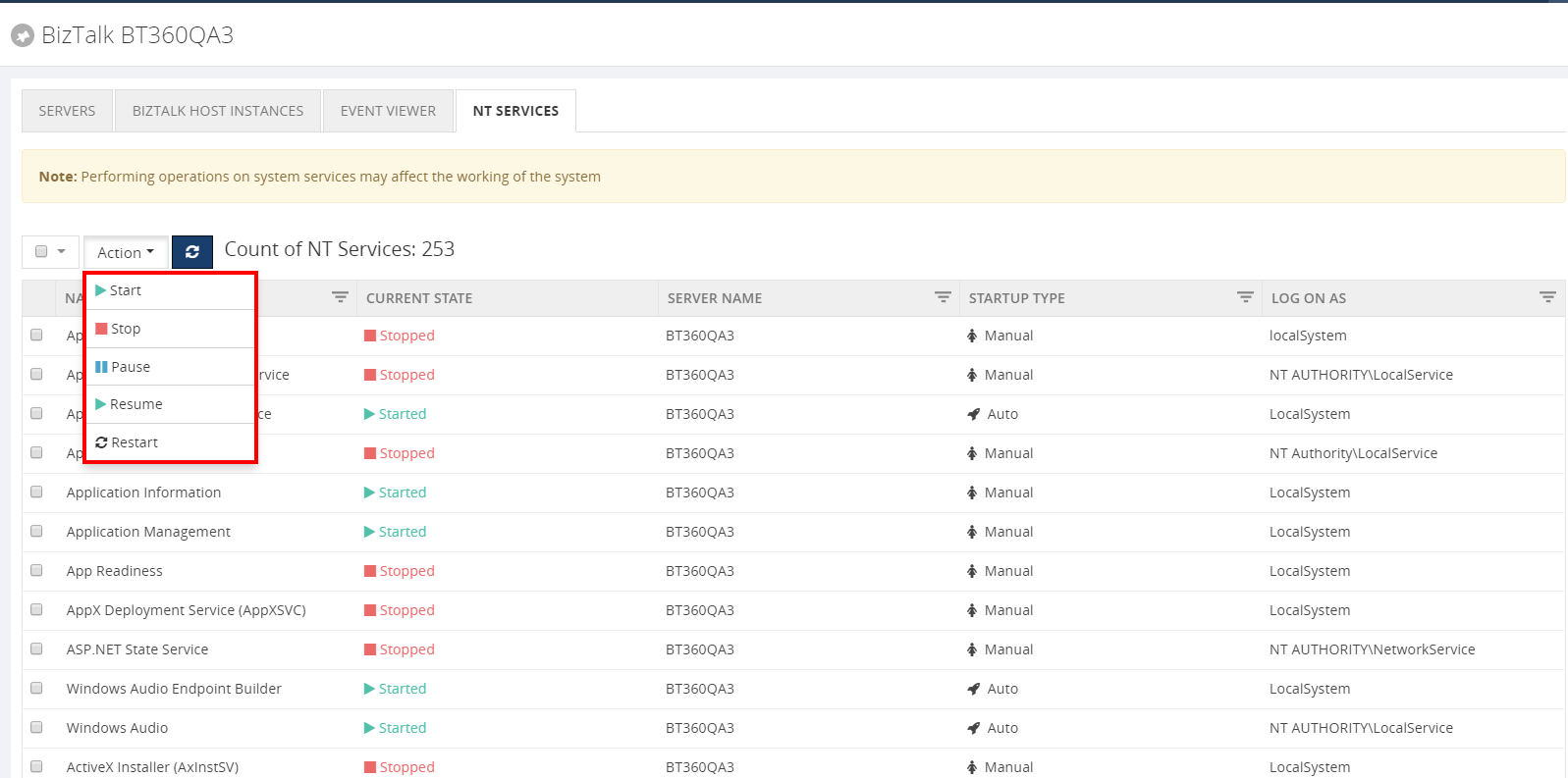 All the possible operation for NT services