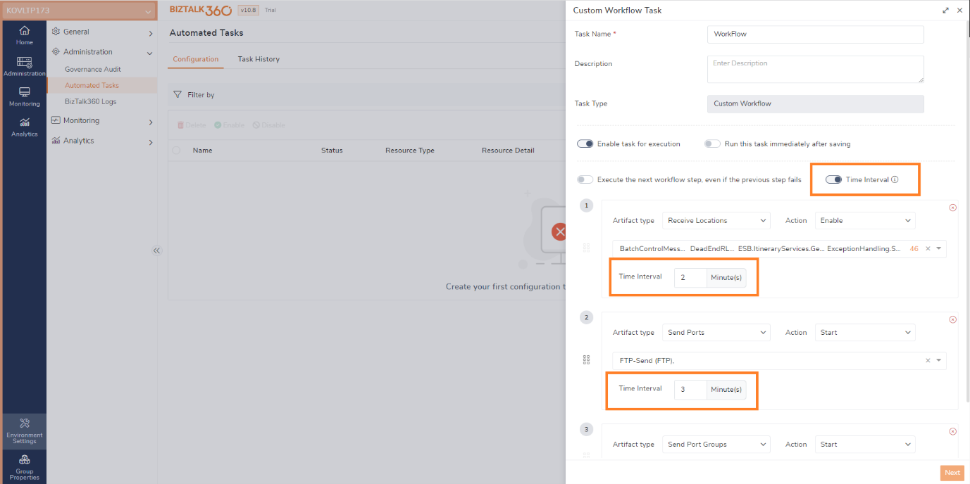 Time interval for task execution between the flows