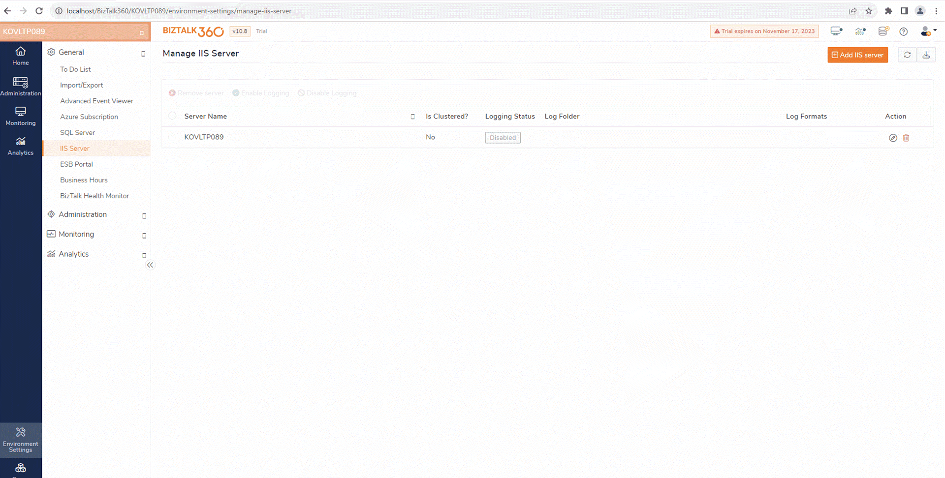 Activating the IIS logging option
